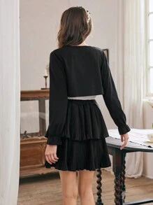 Summer Teen Girls' Sweet And Casual Design Short Jacket With Bowknot Strap Vest And Fluffy Pleated Skirt 3pcs Set Ideal For Daily Outings, Commuting, Leisure And Street Photography