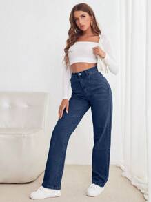 RueChic Jeans rectos de ajuste holgado y casual con bolsillos para dama - Azul lavado medio - Ver 3