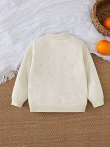 SHEIN Vintaside Kids 女孩花卉刺繡針織開衫，春秋長袖上衣 - 米色 - 查看 2