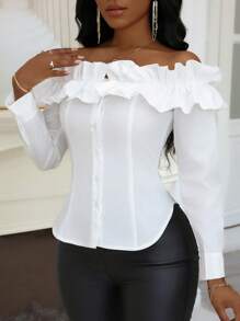 Zolique 春夏休闲纯色荷叶边荷叶边衬衫 - 白色 - 查看 3