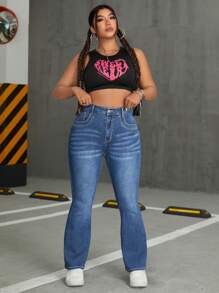 SHEIN EZwear 女士加大碼有口袋喇叭休閒牛仔褲 - 藍色 - 查看 4