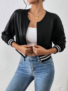 Chiquease Women's Spring & Autumn Faux PU Short Threaded Hem Zipper Casual Baseball Jacket