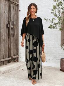 EMERY ROSE Summer Holiday Leisure Solid Color Asymmetrical Hem Shirt And Color-Block Striped Circle Print Long Pants 2pcs/Set - Black - View 5