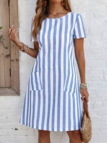 EMERY ROSE Women's Short Sleeve Casual Blue And White Striped Dress With Pockets - Blue and White - View 6