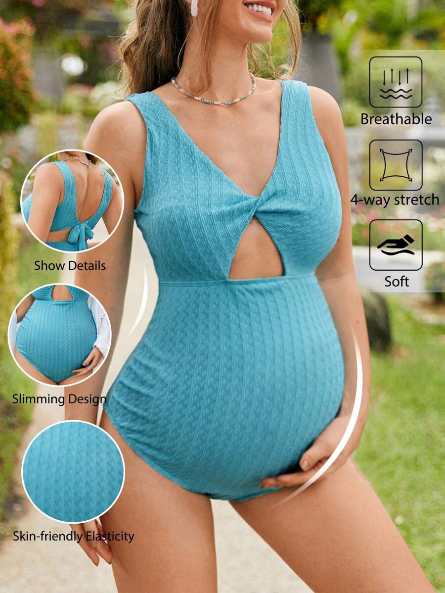 SHEIN 纯色简约无袖孕妇日常连体泳衣夏季 - 藍色 - 查看 1