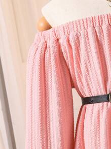 Tween Girl's Summer Casual Solid Color Lantern Sleeve Off Shoulder Dress - Pink - View 5