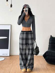 SHEIN EZwear Sudadera con capucha personalizada y ajustada con dobladillo suelto curvo, costuras de princesa y diseño de moda para primavera/verano - Gris Oscuro - Ver 4