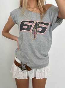 INAWLY 女士夏季不对称领口短袖休闲 T 恤搭配数码印花图案 T 恤女式上衣 - 淺灰色 - 查看 7