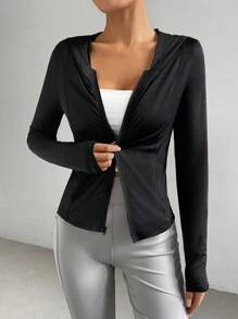 SHEIN EZwear Women's Solid Color Sun Protection Hooded Jacket, Long Sleeve, Casual Style - Black - View 3