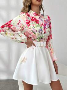 Chiquease Regular Lantern Sleeve Printed Belted Women's Dress - Multicolor - View 5