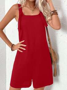 SHEIN LUNE Solid Color Wide Strap Sleeveless Jumpsuit, Simple And Casual For Everyday Wear - Red - View 1