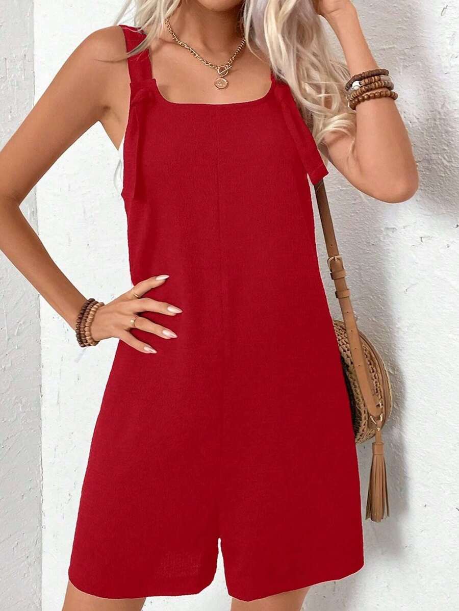 SHEIN LUNE Solid Color Wide Strap Sleeveless Jumpsuit, Simple And Casual For Everyday Wear - Red - View 1