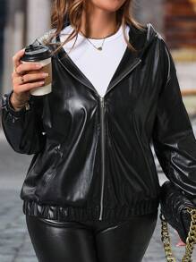 SHEIN LUNE 大尺碼女士時尚寬鬆帶帽PU皮夾克，適合春秋季節 - 黑色 - 查看 3