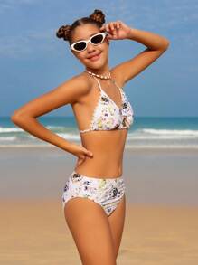 青少年女孩比基尼套装，花卉印花 2 件比基尼套装，分开，蕾丝边饰，时尚，优雅精致，适合游泳、度假和夏季海滩 - 彩色 - 查看 4