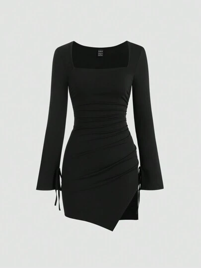 Sweetra Enfärgad fyrkantig halsringning långärmad Bodycon miniklänning med dragsko, lämplig för vardaglig eller semester