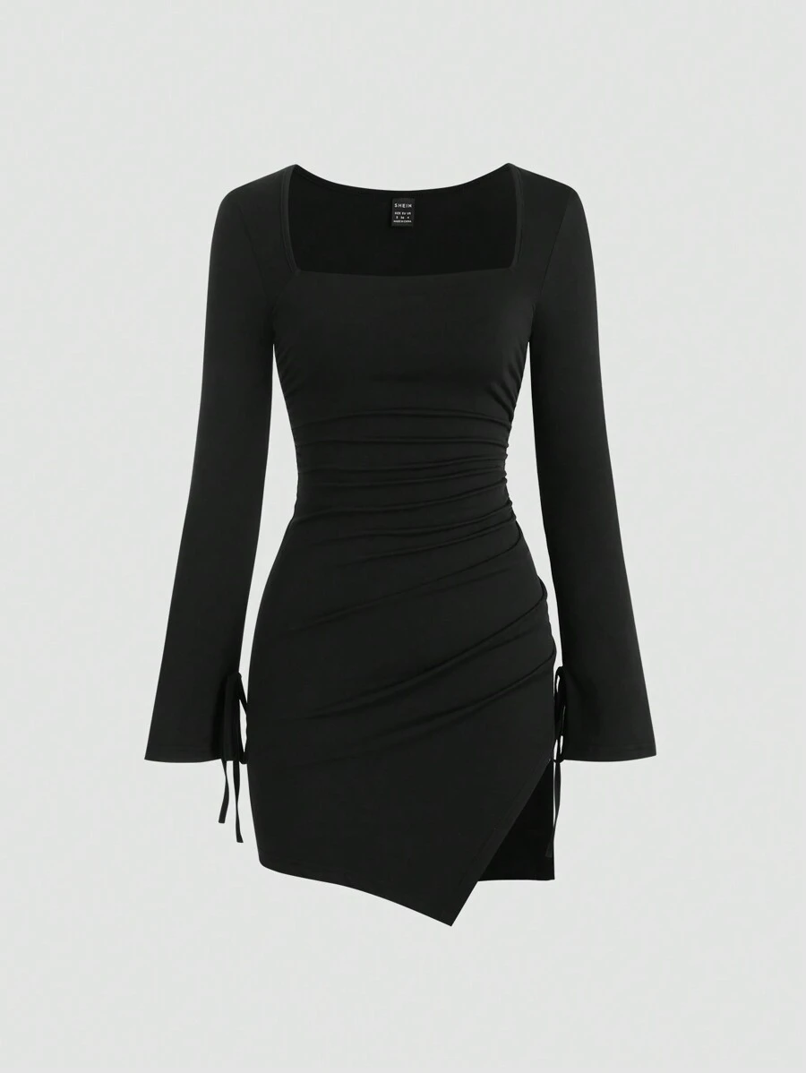 Sweetra Solid Color Square Neckline Long Sleeve Bodycon Mini Dress With Drawstring Detail, Suitable For Casual Or Holiday Fall Cloth For Women - Black - View 1