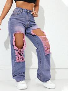Mid-Rise Casual Basic Blue Breathable Women's Jeans, Spring/Summer Pink - Pink - View 7