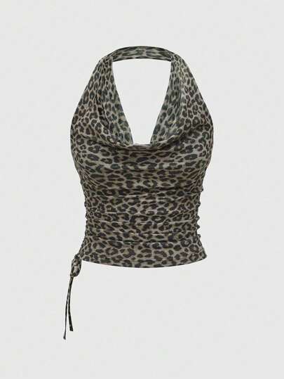 Grunge Punk Parte superior de halter de malla con estampado de leopardo Shibuya Y2K, estilo retro del milenio, escuela