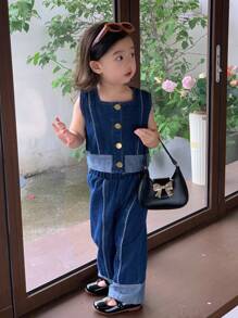 SHEIN Genkimix Kids Baby Girls' Top And Pants Combo Set, Summer Clothes - Blue - View 4