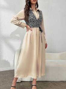 Mulvari Conjunto de 2 piezas de vestido de camisa de unicolor con chaleco de estampado de cebra casual para mujer en primavera y otoño