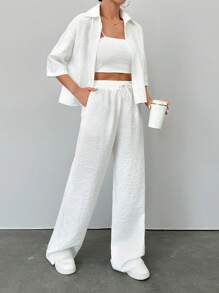 Women Two Pieces Shirt And Pant Set - White - View 5