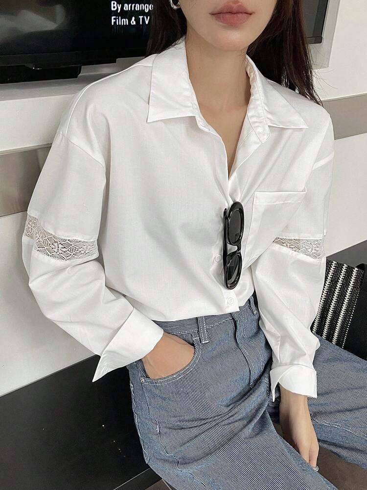 Solid Color Loose Long Sleeve Shirt With Lace Collar For Women