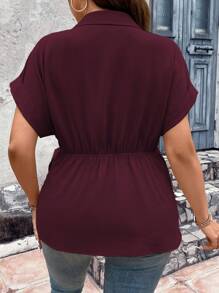 Vionelle Plus Size Women's Solid Color Batwing Short Sleeve Casual Shirt With Side Knot, Summer