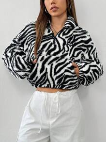 SHEIN EZwear 女士优雅迷人的拉链领长袖短款运动衫，斑马纹和毛茸茸的领口，秋冬长袖上衣 - 黑與白 - 查看 5