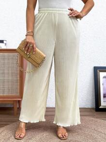 SHEIN Clasi Plus Size Casual Solid Color High Waist Wide Leg Pants Fall Cloth For Women - Apricot - View 1