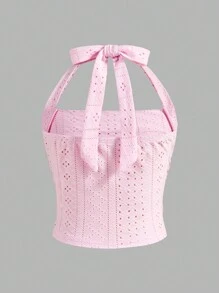 SHEIN Tween Girls Casual Solid Knit Halter Crop Top With Bow Design - Pink - View 2