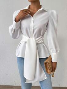 Chiquease Solid Color Front Buttoned Tie Long Sleeve Simple Top, Daily Casual Wear Fall Cloth For Women - White - View 4
