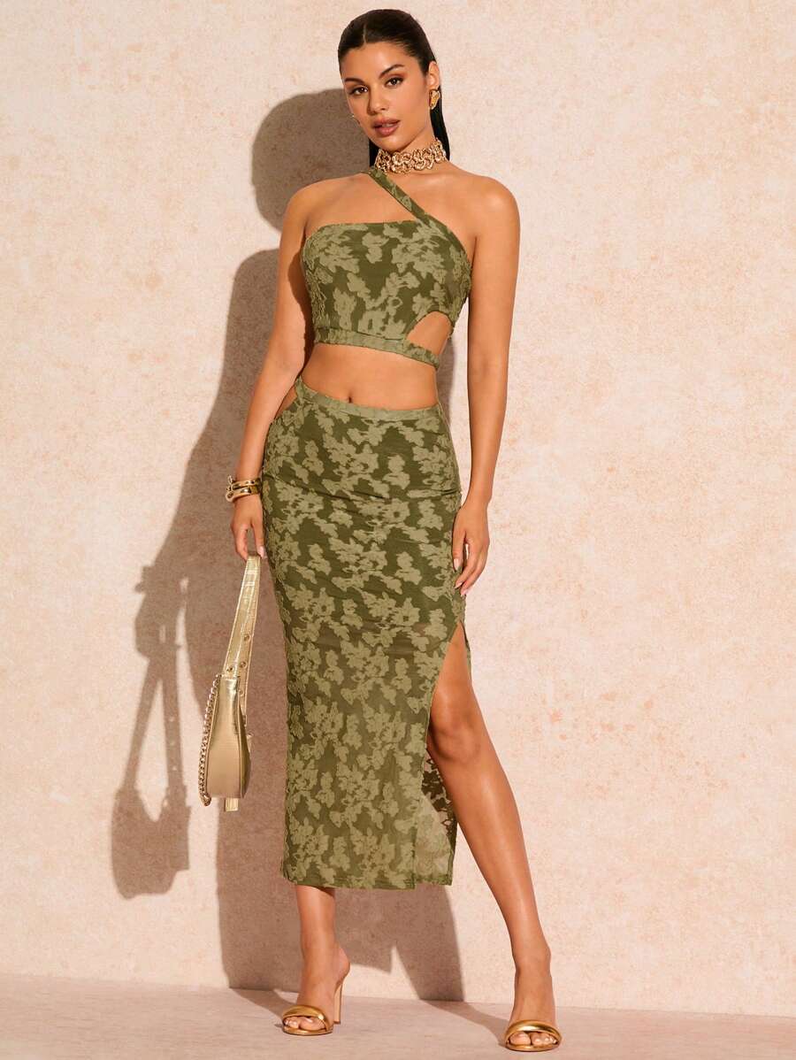 Glamine 性感女式露肩修身連衣裙,開衩包臀迴紋針裙 - 軍綠色 - 查看 1