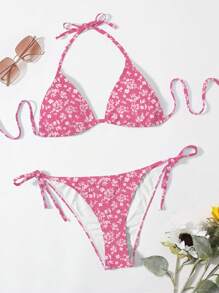 SHEIN Swim 女士夏季海滩碎花露背性感比基尼套装，随机印花泳衣 - 彩色 - 查看 3