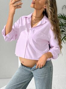 SHEIN Camisa corta de unicolor informal para maternidad, primavera/verano - Púrpura malva - Ver 3