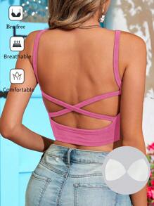 SHEIN VCAY Áo ba lỗ cổ điển có dây đeo chéo dành cho nữ - Màu Hồng Tươi - Xem 1