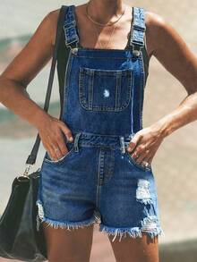 Quần yếm denim rách gấu dành cho nữ - Quần yếm rách dáng casual mùa hè - Rửa tối - Xem 5