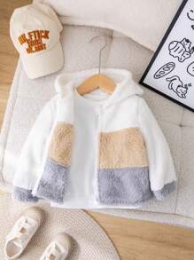 SHEIN 嬰兒男/女休閒可愛簡約色塊毛茸茸連帽外套，秋冬季 - 彩色 - 查看 3