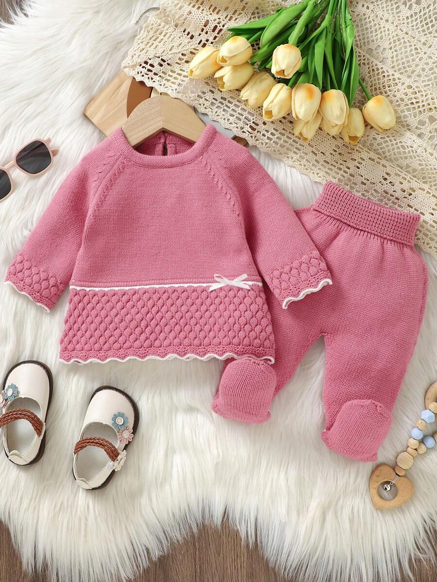 Pink Baby Girls' Sweater Set, Cute Bowknot, Wavy Hem, Long Sleeve, High Neck, Belly Protection, Long Pants, Top And Bottom Two-Piece Set - Pink - View 1