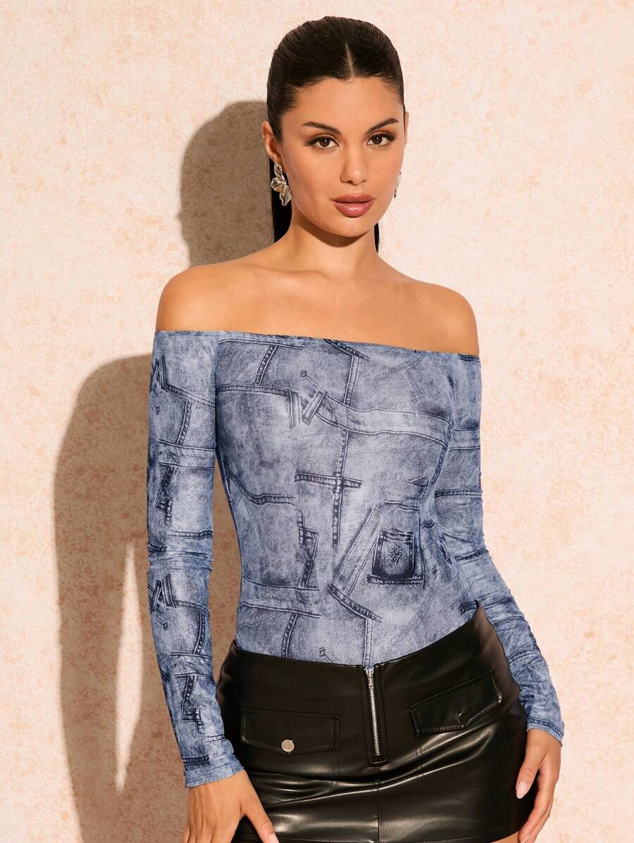 Glamine Denim Effect-Like Mesh Off-The-Shoulder Long Sleeve Bodysuit For Women - Blue - View 1