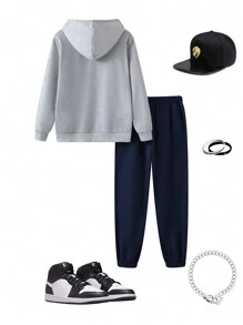 SHEIN 2 peças/conjunto de moletom com capuz para meninos adolescentes, casual, azul marinho, estampa de letras em inglês e cinza mesclado + calça com cordão azul marinho, adequado para outono/inverno, quente, versátil, clássico