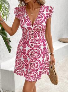 SHEIN Frenchy Váy midi sọc cổ chữ V có nút phía trước - Màu Hồng Tươi - Xem 3