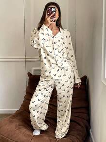 DAZY Butterfly Allover Print Long Sleeve And Long Pants Sleepwear Set Pajama - Beige - View 7