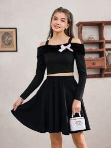 Teen Girl's Autumn/Winter Two-Piece Set, Including A Long-Sleeved Top With Fluffy Shoulder Strap And Bow Decoration, And A Black Elegant Skirt, Perfect For Party Events