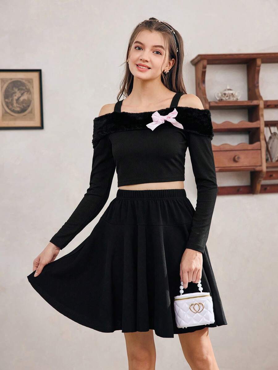 Teen Girl's Autumn/Winter Two-Piece Set, Including A Long-Sleeved Top With Fluffy Shoulder Strap And Bow Decoration, And A Black Elegant Skirt, Perfect For Party Events