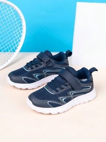 男童春秋双网眼透气运动鞋，轻便柔软的网眼鞋面，可调节钩环带，易于穿着，纯色橡胶鞋底，适合学校和校园的多功能跑鞋 - 藏蓝色 - 查看 2