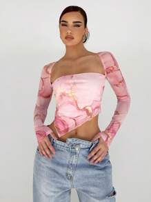 Aloruh Women's Marble Printed Swan Neck Long Sleeve Asymmetrical Hem T-Shirt Long Sleeve Top - Multicolor - View 1