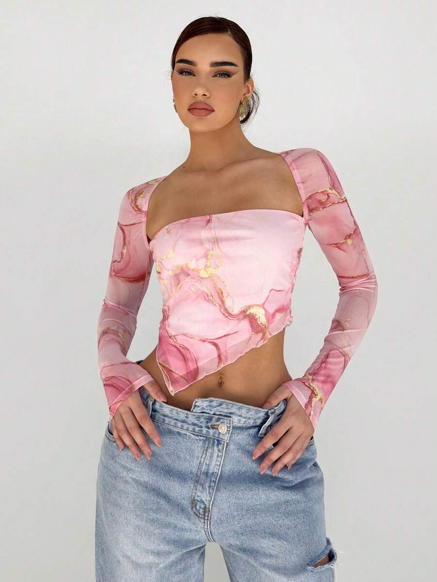 Aloruh Women's Marble Printed Swan Neck Long Sleeve Asymmetrical Hem T-Shirt Long Sleeve Top - Multicolor - View 1