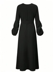 SHEIN Clasi 女士V領提升袖設側開叉洋裝 - 黑色 - 查看 2