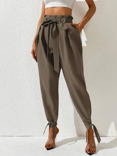 RosyDaze 打結收口口袋高腰褲,錐形褲腳