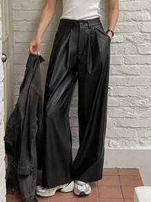 DAZY 女士纯色PU阔腿裤皮裤 - 黑色 - 查看 7